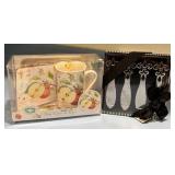 Mug Coaster and Tray Set with Apple Design and Stainless Steel Serving Utensils