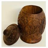 Vintage Carved Lidded Wood Vessel from India
