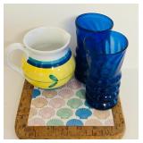 Kitchenware Collection with 2 Blue Glass Cups, Ceramic Mug, and Decorative Tile