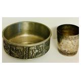 Vintage Embossed Silver-Toned Bowl and Cup Set with Decorative Designs