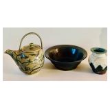Artisan Pottery Teapot, Bowl, and Vase Set Including Mary Anderson Piece