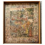 Vintage Framed Embroidery Artwork 23" x 27" with Medieval Scene