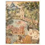 Vintage Framed Embroidery Artwork 23" x 27" with Medieval Scene