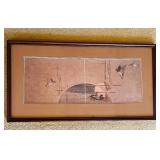Framed Vintage Print with Ducks and Arch Bridge