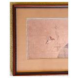 Framed Vintage Print with Ducks and Arch Bridge