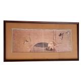 Framed Vintage Print with Ducks and Arch Bridge