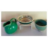 Set of 3 Artisan Glazed Pottery Pieces: Pitcher, Bowl, and Cup