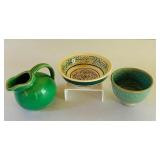 Set of 3 Artisan Glazed Pottery Pieces: Pitcher, Bowl, and Cup