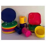 Vintage Colorful Plastic Dinnerware Set with Plates, Trays, Mugs, and Bowls