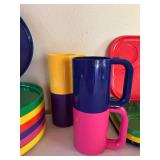 Vintage Colorful Plastic Dinnerware Set with Plates, Trays, Mugs, and Bowls