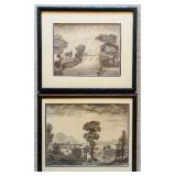 Pair of Framed Vintage Landscape Etchings with Trees and Architectural Accents