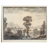 Pair of Framed Vintage Landscape Etchings with Trees and Architectural Accents