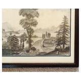 Pair of Framed Vintage Landscape Etchings with Trees and Architectural Accents