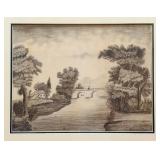 Pair of Framed Vintage Landscape Etchings with Trees and Architectural Accents