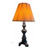 Carved Wooden Table Lamp with Pleated Beige Shade