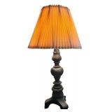 Carved Wooden Table Lamp with Pleated Beige Shade