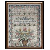 Framed Vintage Embroidered Sampler with Floral Basket