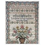 Framed Vintage Embroidered Sampler with Floral Basket