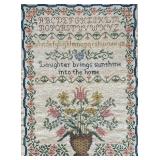 Framed Vintage Embroidered Sampler with Floral Basket