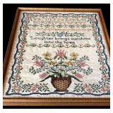 Framed Vintage Embroidered Sampler with Floral Basket