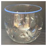 Handcrafted Glass Bowl with Blue Rim and Color Accents