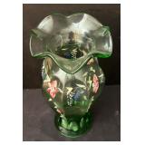 Vintage Hand Painted Green Glass Vase with Floral Design