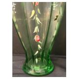 Vintage Hand Painted Green Glass Vase with Floral Design