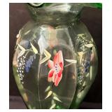 Vintage Hand Painted Green Glass Vase with Floral Design