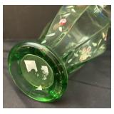 Vintage Hand Painted Green Glass Vase with Floral Design