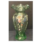 Vintage Hand Painted Green Glass Vase with Floral Design