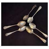 Set of 6 Sterling Silver Spoons with Assorted Patterns