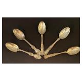 Set of 5 Vintage Sterling Silver Spoons Ornate Design