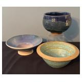 Set of 3 Handmade Pottery Bowls Assorted Glazed Stoneware