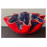 Large Ruffled Art Pottery Bowl with Red and Blue Glaze