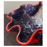 Large Ruffled Art Pottery Bowl with Red and Blue Glaze