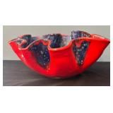 Large Ruffled Art Pottery Bowl with Red and Blue Glaze