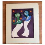 Original Unframed Abbie Anderson Artwork of Two Musicians Playing Flutes