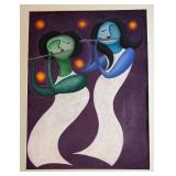Original Unframed Abbie Anderson Artwork of Two Musicians Playing Flutes