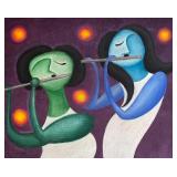 Original Unframed Abbie Anderson Artwork of Two Musicians Playing Flutes