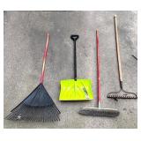Set of 4 Garden Tools: Leaf Rake, Snow Shovel, Push Broom, and Garden Rake