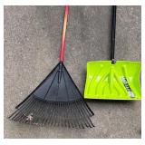 Set of 4 Garden Tools: Leaf Rake, Snow Shovel, Push Broom, and Garden Rake
