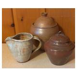 Set of 3 Handmade Stoneware Pottery Pieces with Lids and Pitcher