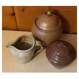 Set of 3 Handmade Stoneware Pottery Pieces with Lids and Pitcher