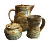 Handmade Pottery Pot, Sugar Dish, and Creamer Pitcher Set