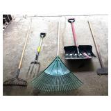 Set of 5 Lawn and Garden Tools Including Rakes, Shovel, Pitchfork and Hoe
