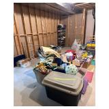 Large Lot - 7 Bins of Christmas Decorations, Wrapping Paper, Gift Bags and Bows. Approximately 20 bins of Quilting items, quilt material, shelving, blankets, quilting tools ect Large Lot - 7 Bins of Christmas Decorations, Wrapping Paper, Gift Bags and Bows. Approximately 20 bins of Quilting items, quilt material, shelving, blankets, quilting tools ect