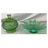 Vintage Green Glassware Pair - Inlcudes L.E.Smith 6" Covered Compote and Fostoria Heirloom Rolled Candle Holder(8.5"W) Vintage Green Glassware Pair - Inlcudes L.E.Smith 6" Covered Compote and Fostoria Heirloom Rolled Candle Holder(8.5"W)