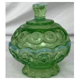 Vintage Green Glassware Pair - Inlcudes L.E.Smith 6" Covered Compote and Fostoria Heirloom Rolled Candle Holder(8.5"W) Vintage Green Glassware Pair - Inlcudes L.E.Smith 6" Covered Compote and Fostoria Heirloom Rolled Candle Holder(8.5"W)