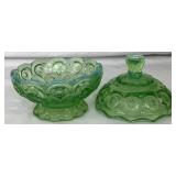 Vintage Green Glassware Pair - Inlcudes L.E.Smith 6" Covered Compote and Fostoria Heirloom Rolled Candle Holder(8.5"W) Vintage Green Glassware Pair - Inlcudes L.E.Smith 6" Covered Compote and Fostoria Heirloom Rolled Candle Holder(8.5"W)
