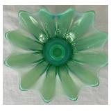 Vintage Green Glassware Pair - Inlcudes L.E.Smith 6" Covered Compote and Fostoria Heirloom Rolled Candle Holder(8.5"W) Vintage Green Glassware Pair - Inlcudes L.E.Smith 6" Covered Compote and Fostoria Heirloom Rolled Candle Holder(8.5"W)